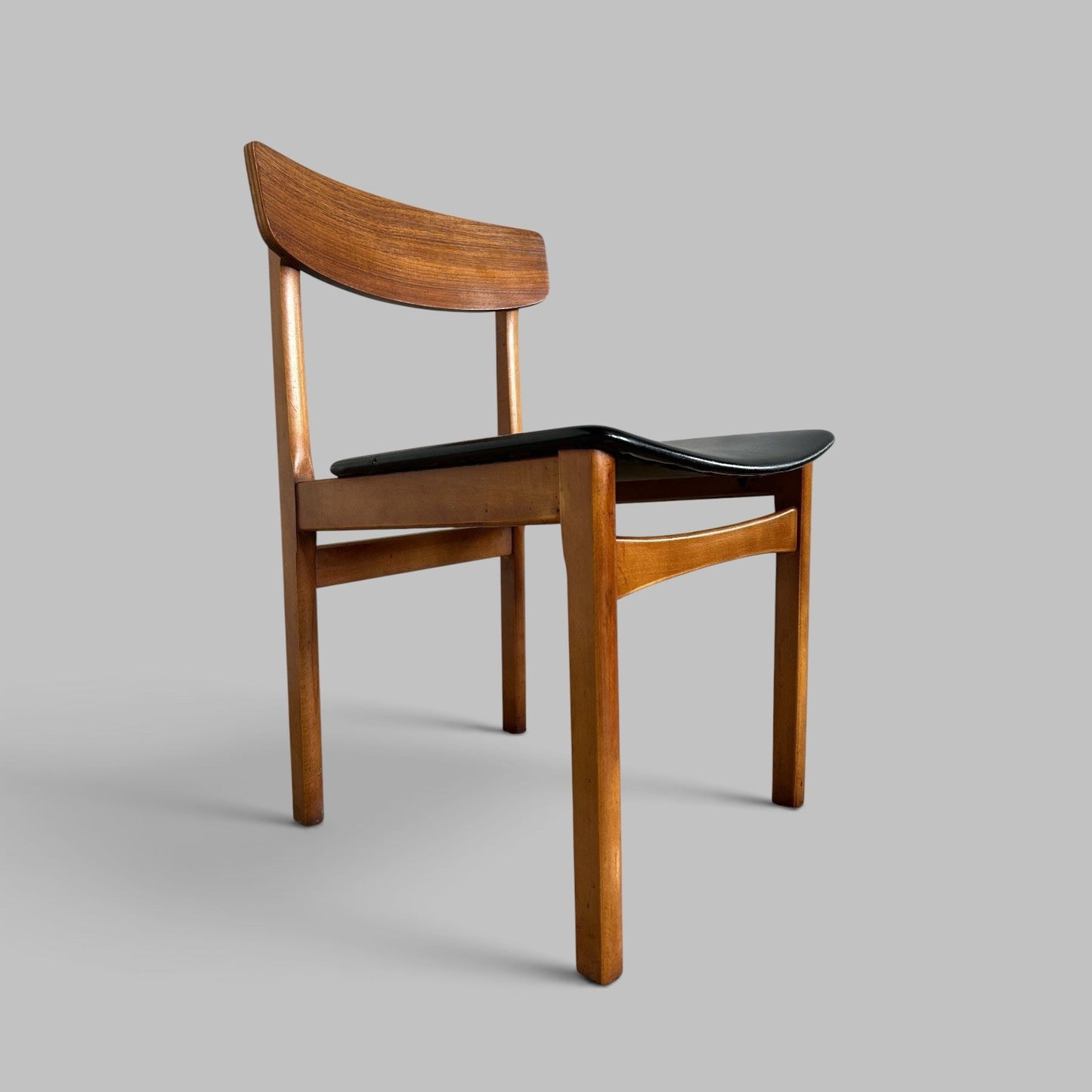 Vintage Teak Dining Chairs with Black Vinyl Seats – Set of Four