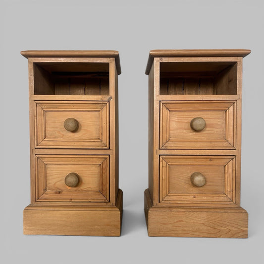 Vintage Pair of Pine Bedside Cabinets – Two Drawers & Open Shelf