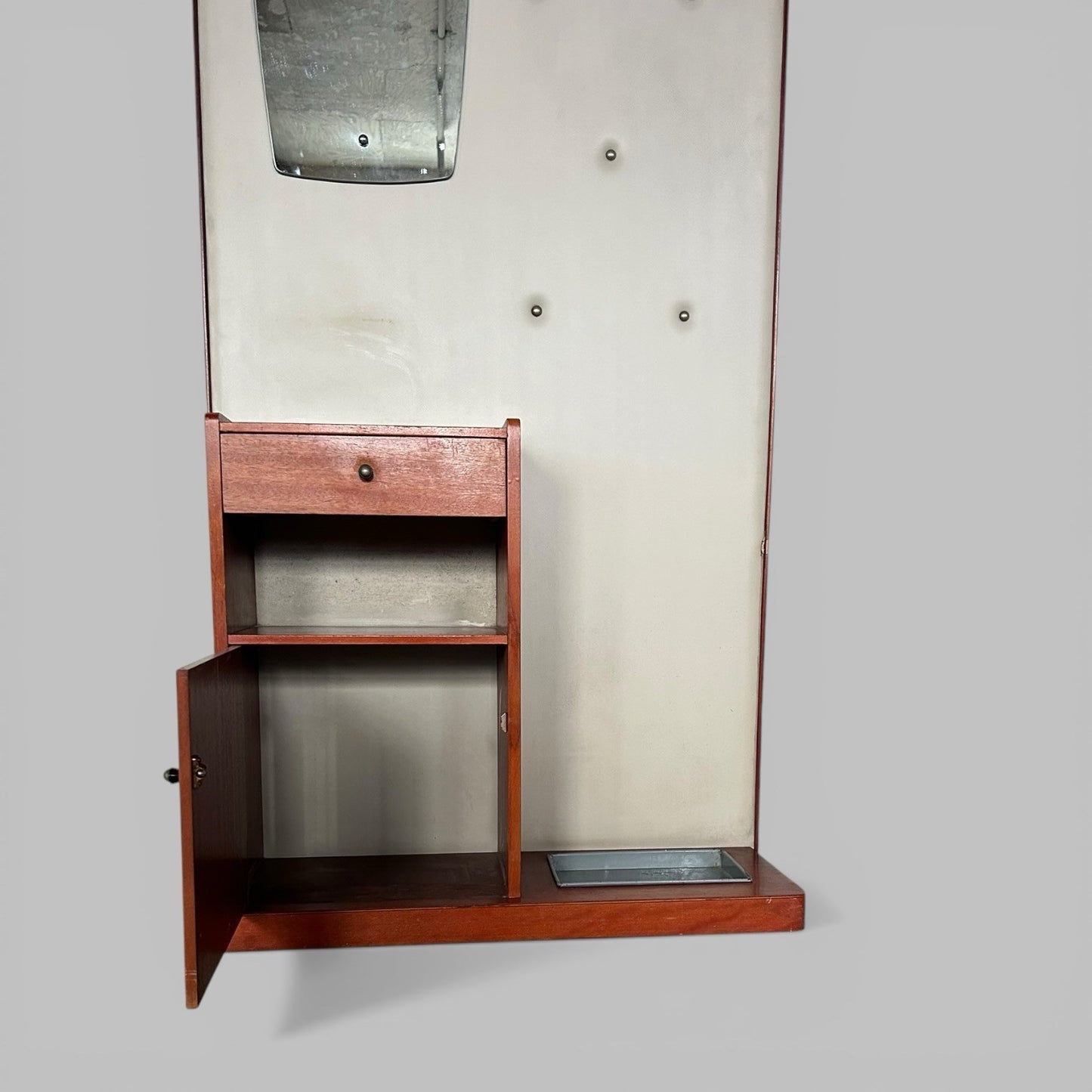 1960s Teak Hall Stand – Mirror Back with Drawer, Cupboard and Umbrella Tray