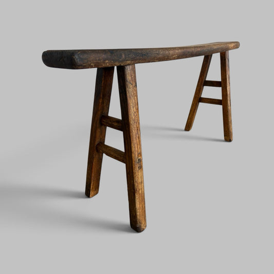 Rustic Elm Bench with A-Frame Legs and Worn Patina