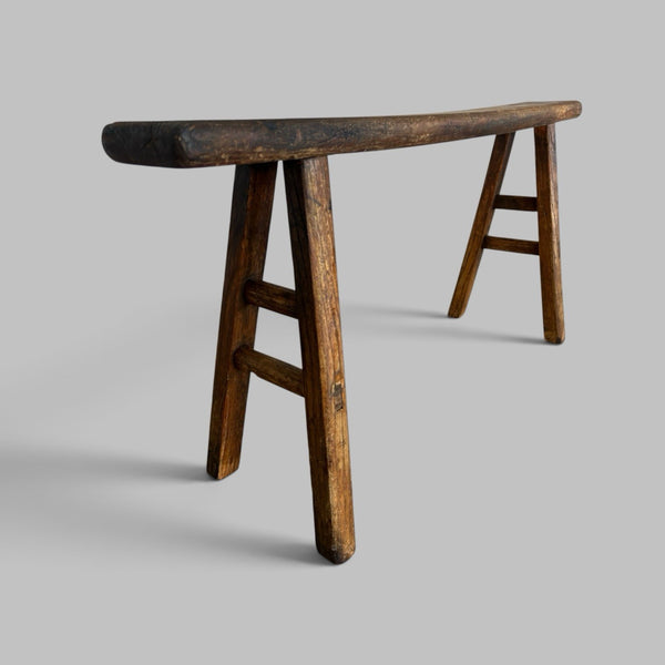 Rustic Elm Bench with A-Frame Legs and Worn Patina