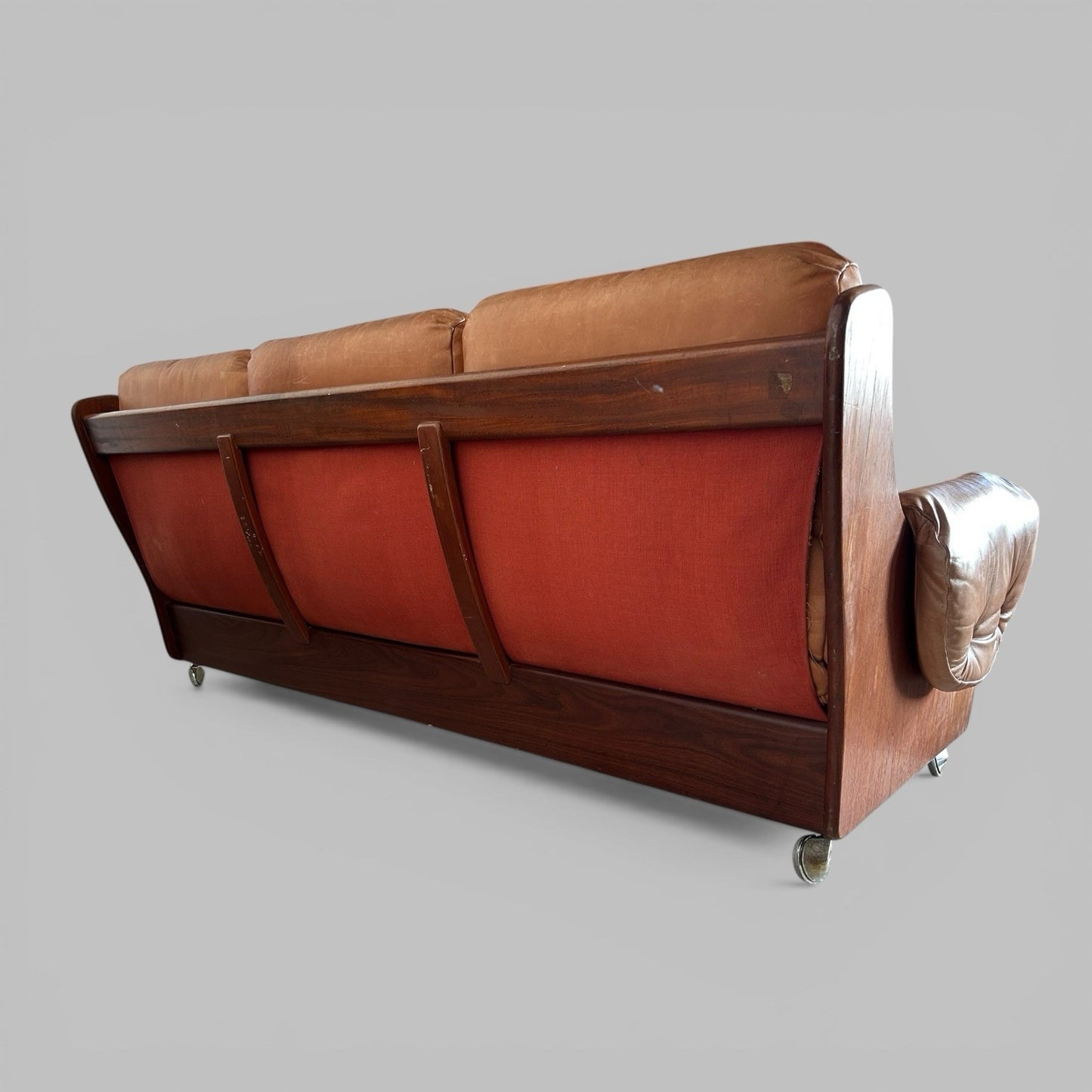 G Plan Saddleback Leather Three Seat Sofa Teak Frame Mid Century