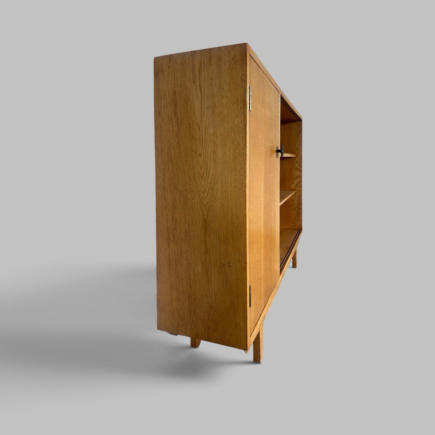 Mid Century Solid Oak Glazed Bookcase with Cupboard