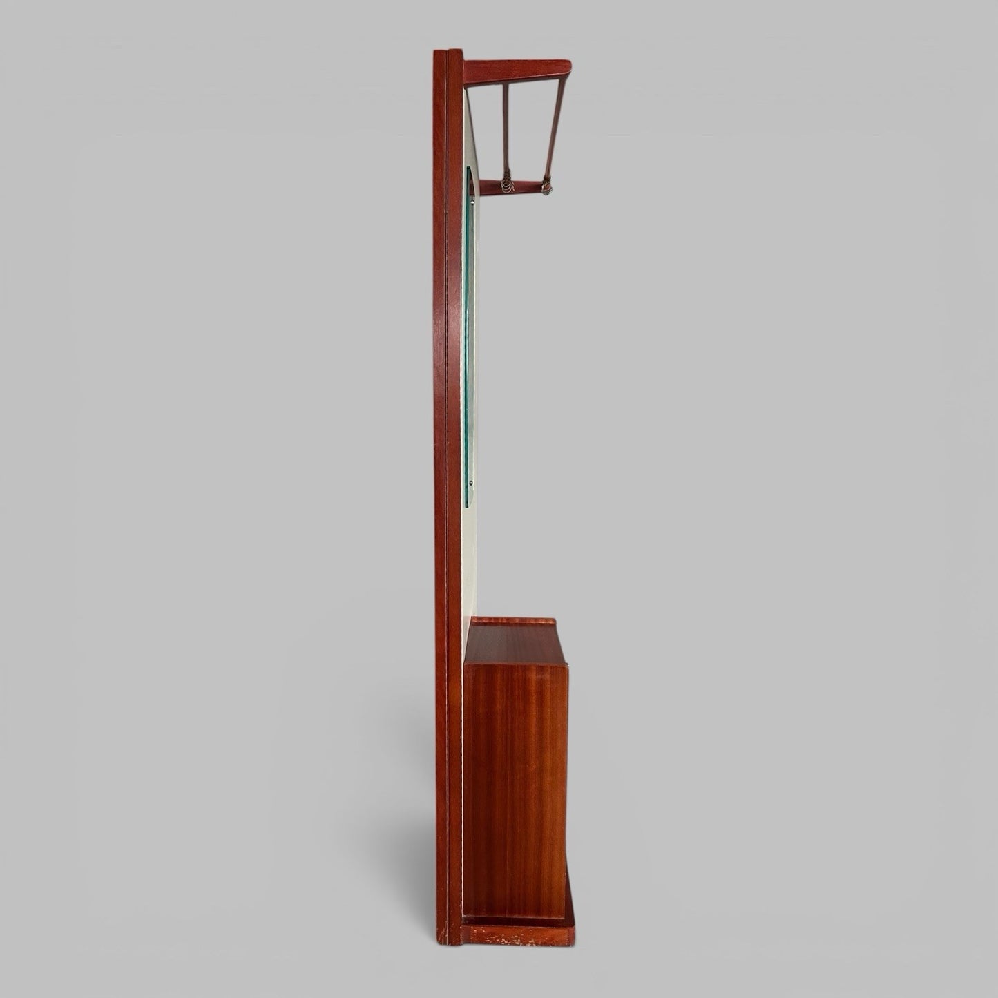 1960s Teak Hall Stand – Mirror Back with Drawer, Cupboard and Umbrella Tray