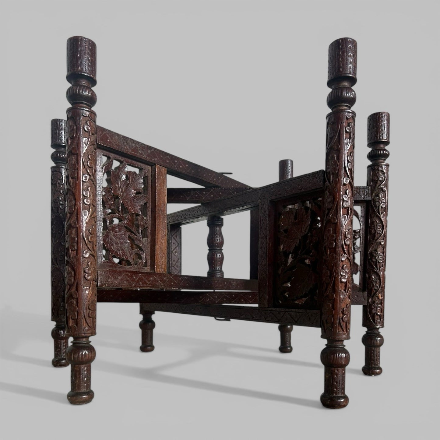 Carved Indian Folding Table with Brass Tray Top – Teak Base