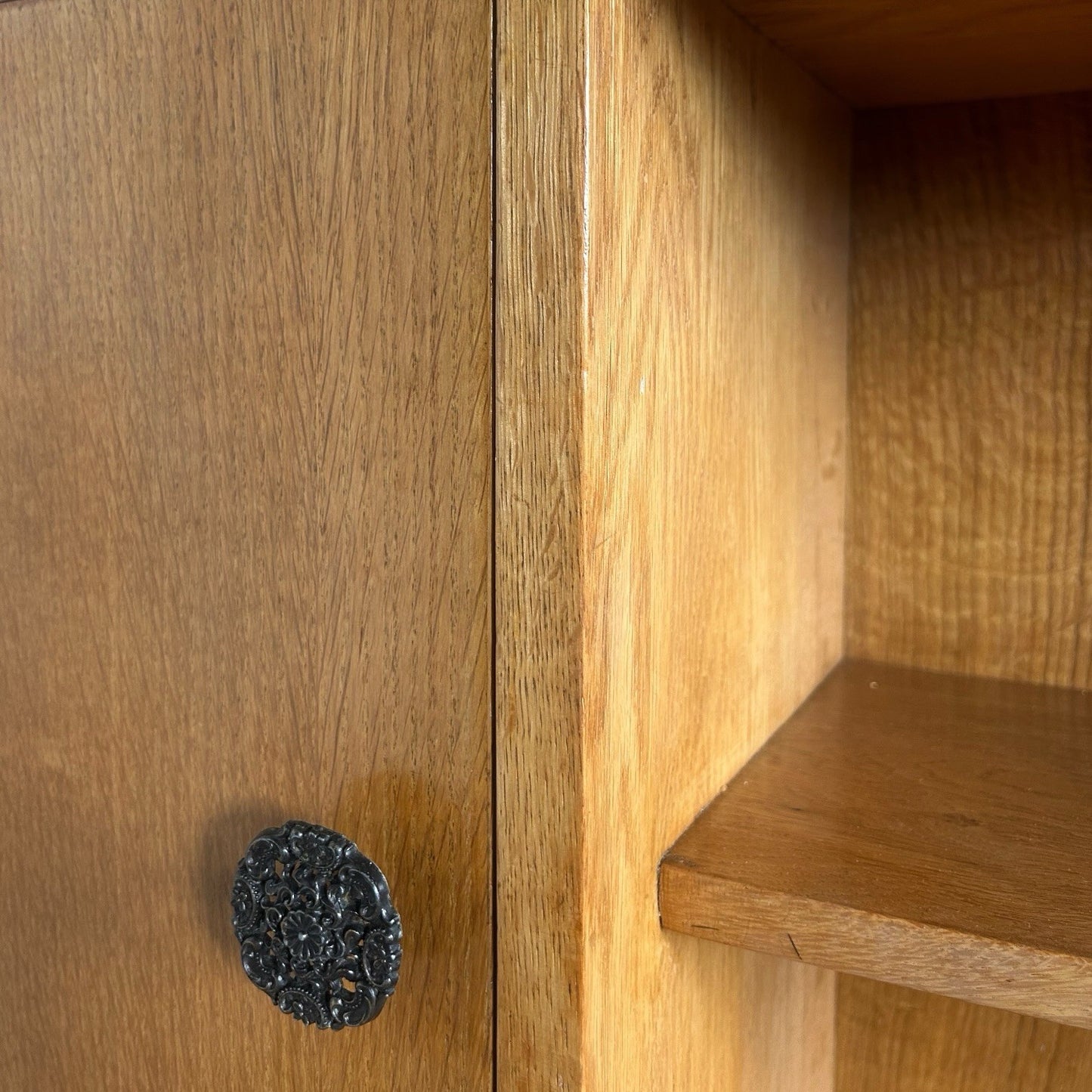 Mid Century Solid Oak Glazed Bookcase with Cupboard