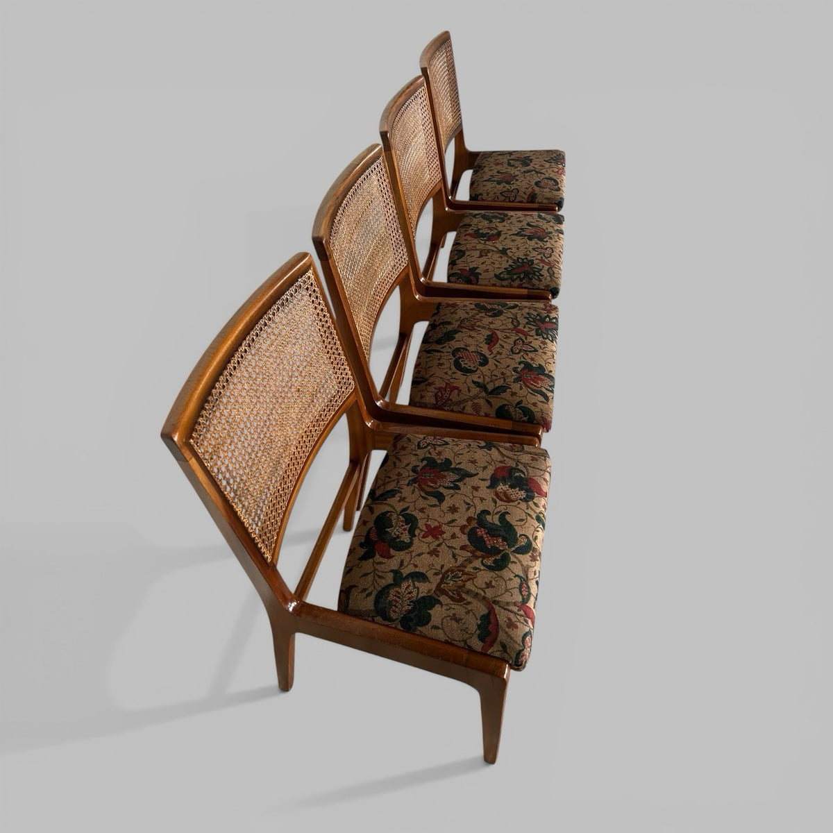 Set of 4 mid century teak dining chairs with cane backs, British vintage