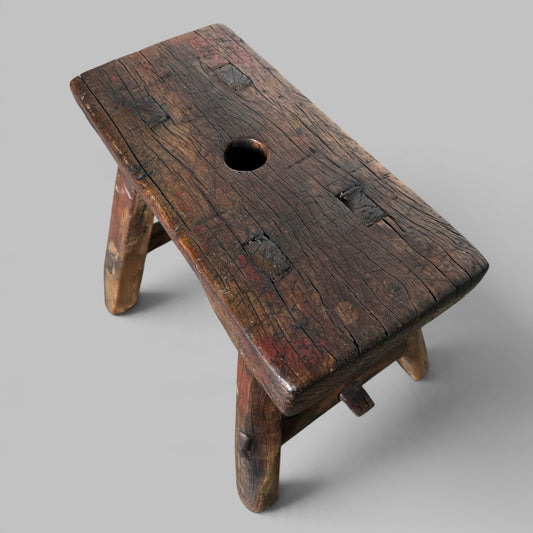 Rustic Elm Stool with Red Paint Patina