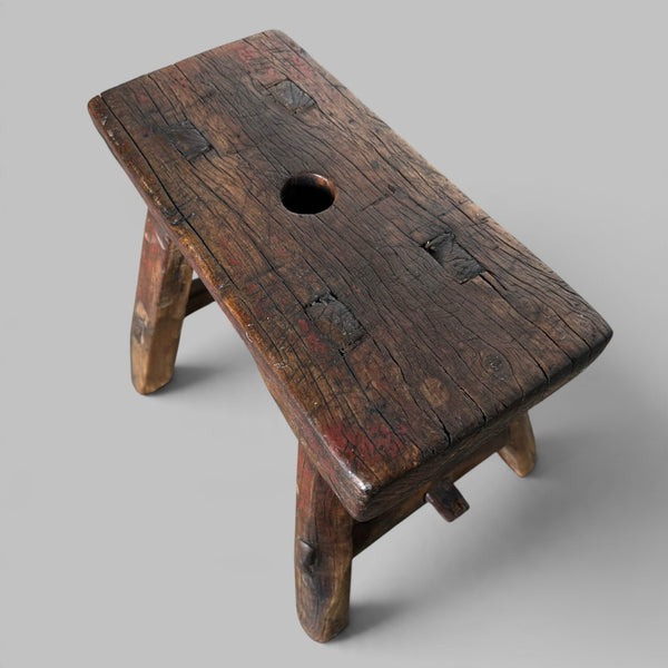 Rustic Elm Stool with Red Paint Patina