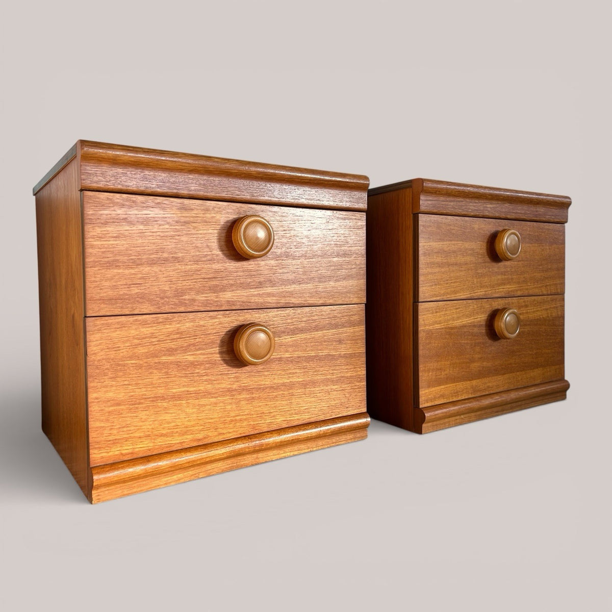 Pair of 1960s Consort Teak Bedside Tables – Mid Century Two Drawer Cabinets