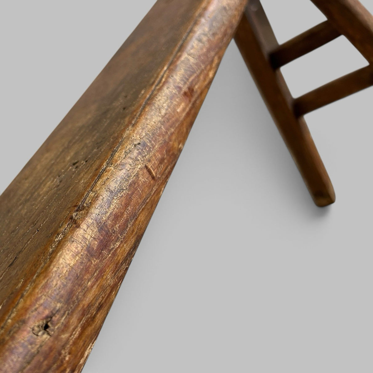 Rustic Elm Bench with A-Frame Legs and Worn Patina