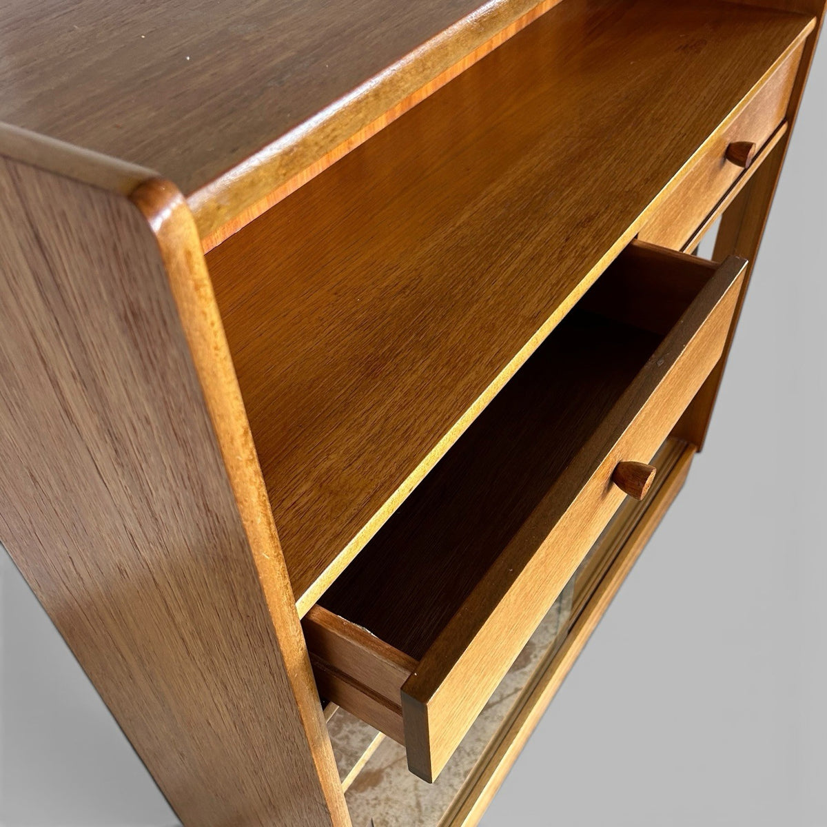Nathan Teak Glazed Storage Cabinet with Two Drawers