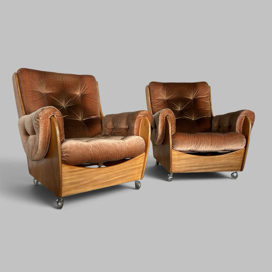 Vintage G Plan Saddleback Brown Velour Armchairs – Pair