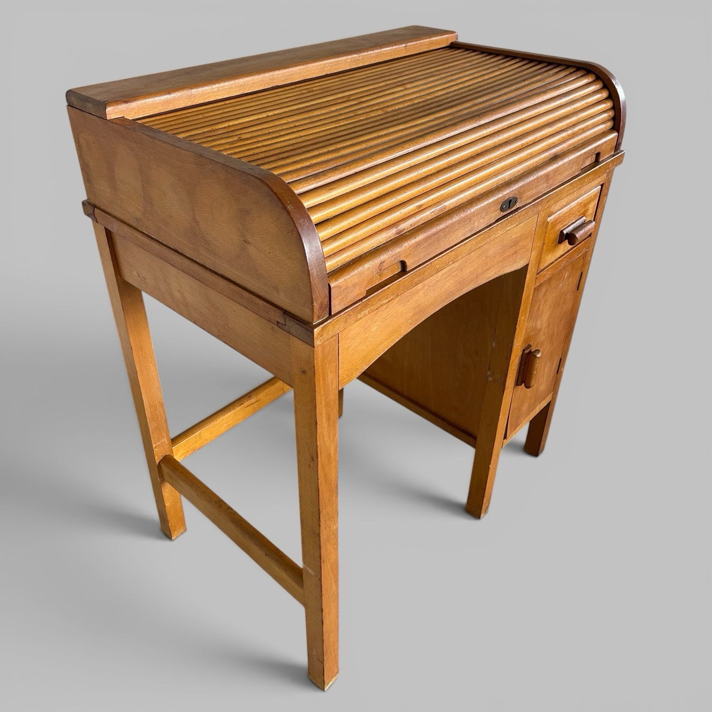 1960s Child’s Roll Top Desk – Tambour Front and Bakelite Inkwells