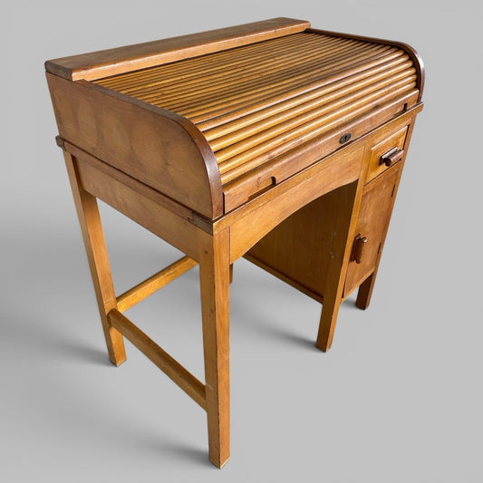1960s Child’s Roll Top Desk – Tambour Front and Bakelite Inkwells