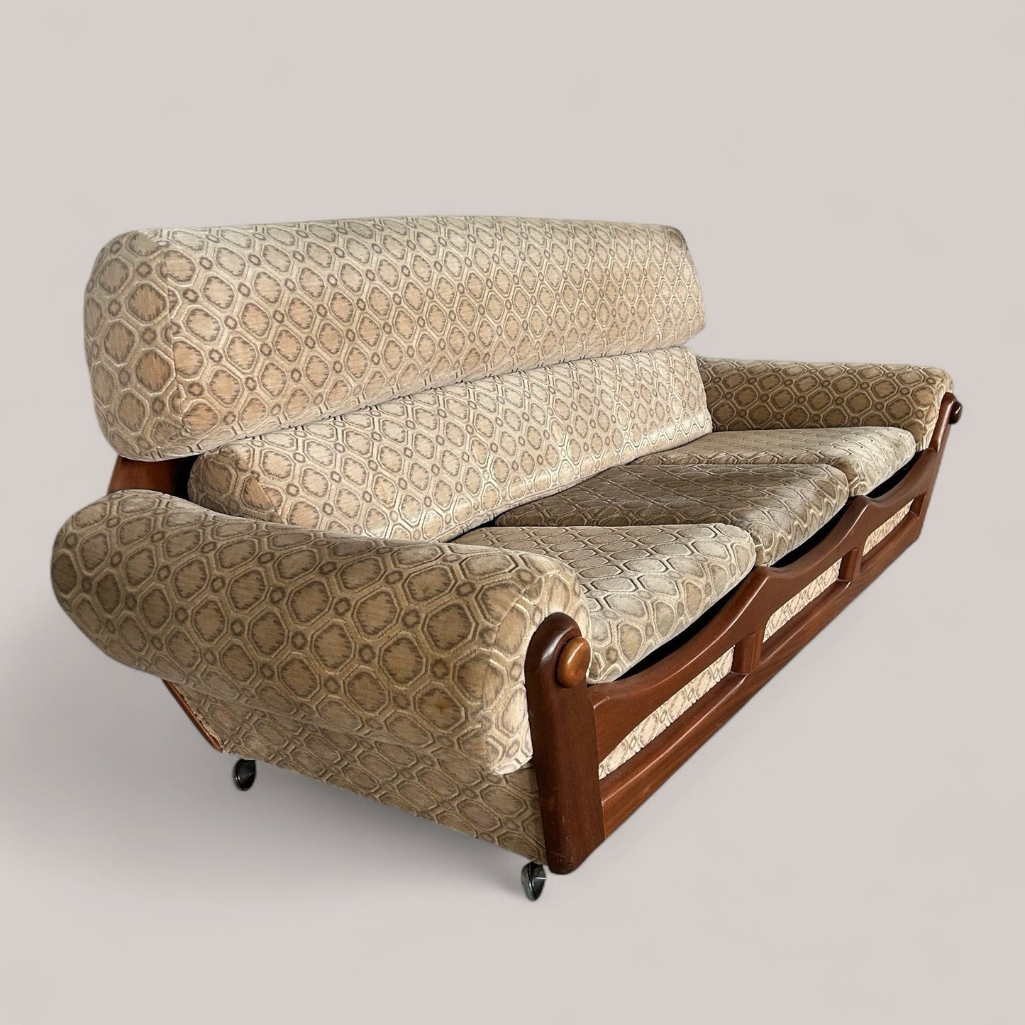 Vintage 1970s Teak Frame Three-Seater Sofa – Retro Mid-Century Style