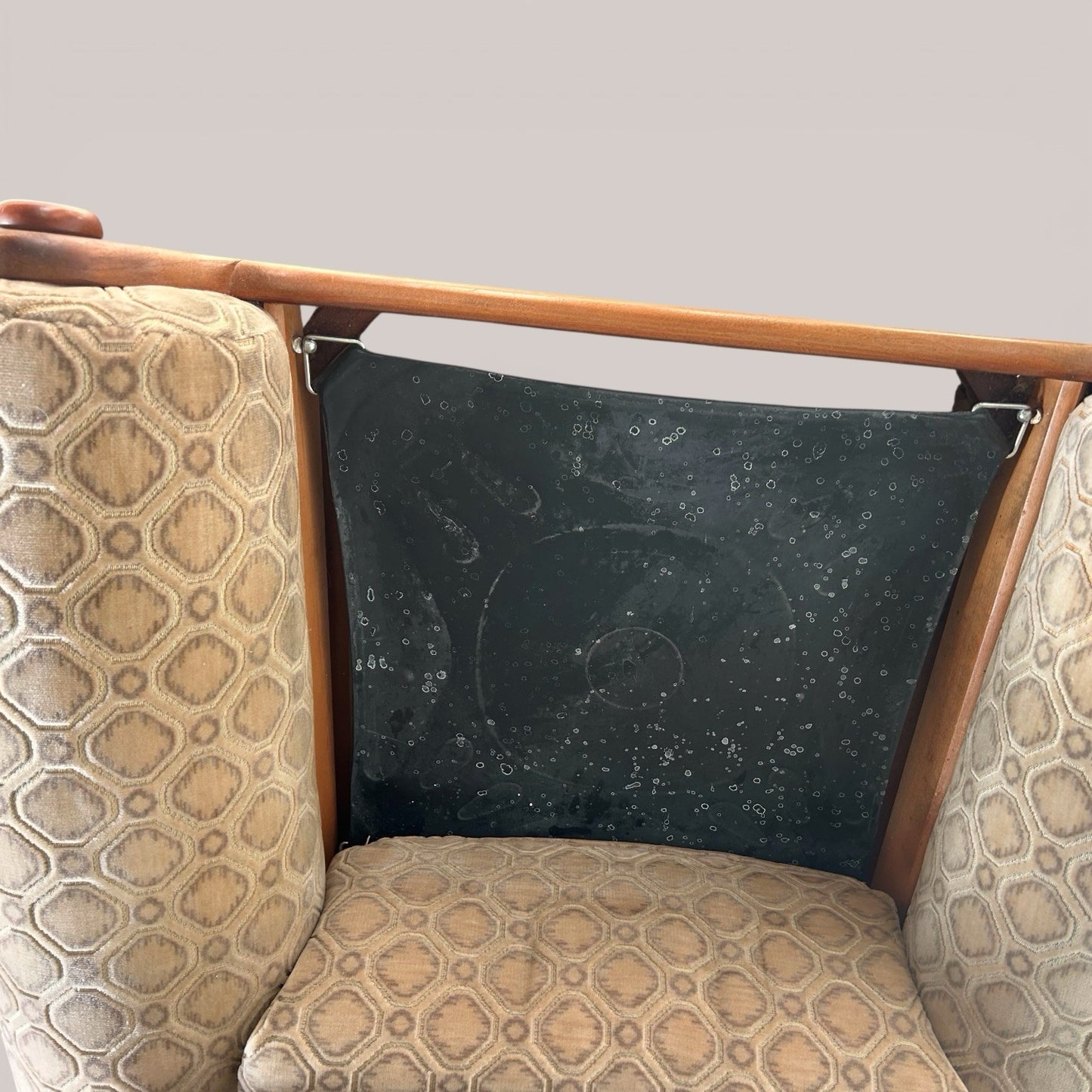 Mid-century teak armchair with velour upholstery | on castors