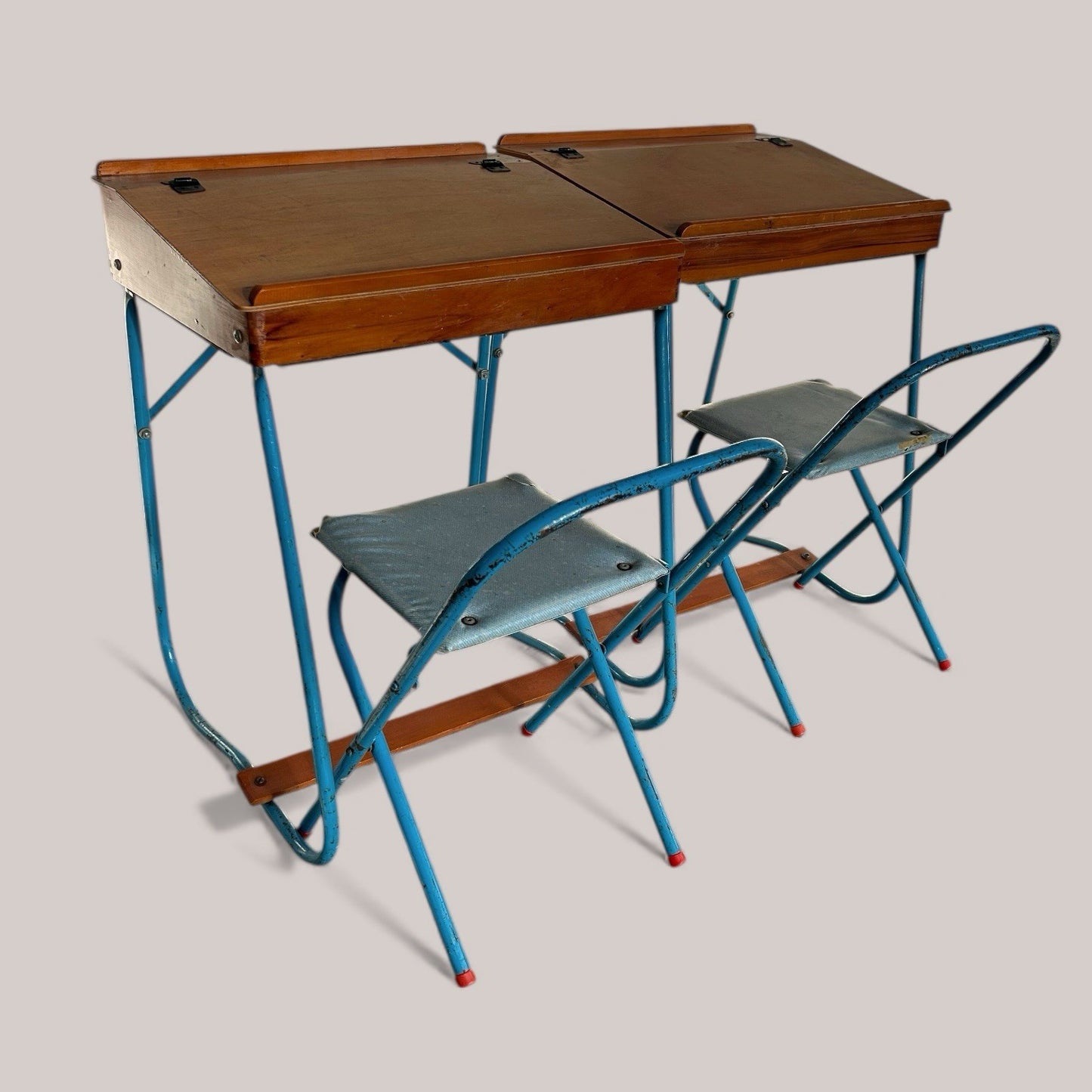 1960s Blue Metal & Pine Children’s School Desk Set