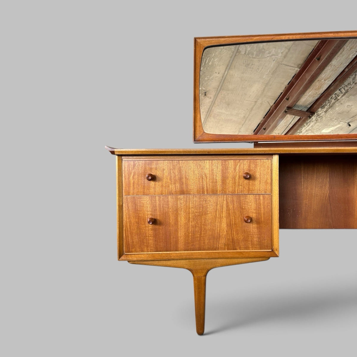 1960s Vesper Bow Front Dressing Table with Sculpted Teak Mirror