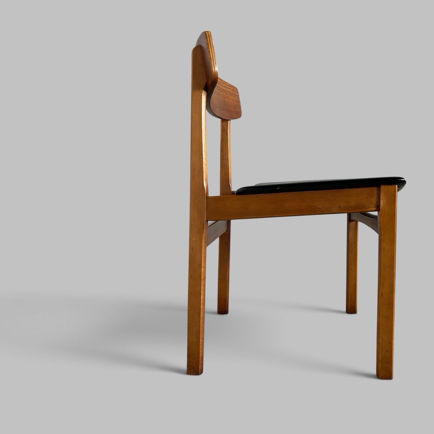 Vintage Teak Dining Chairs with Black Vinyl Seats – Set of Four