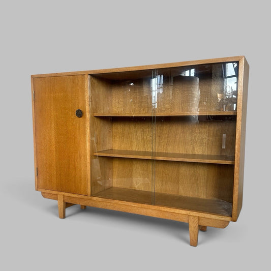 Mid Century Solid Oak Glazed Bookcase with Cupboard