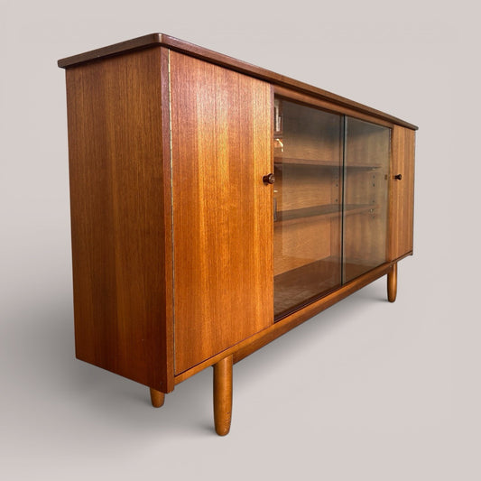Mid Century Teak Sideboard with Sliding Glass Doors – Display Cabinet