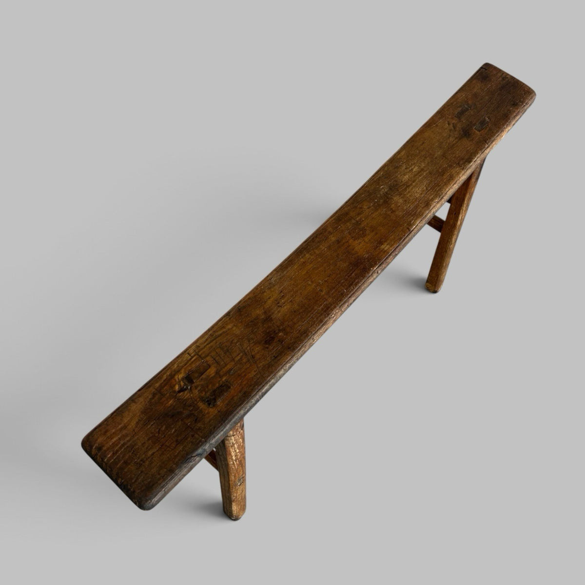 Rustic Elm Bench with A-Frame Legs and Worn Patina