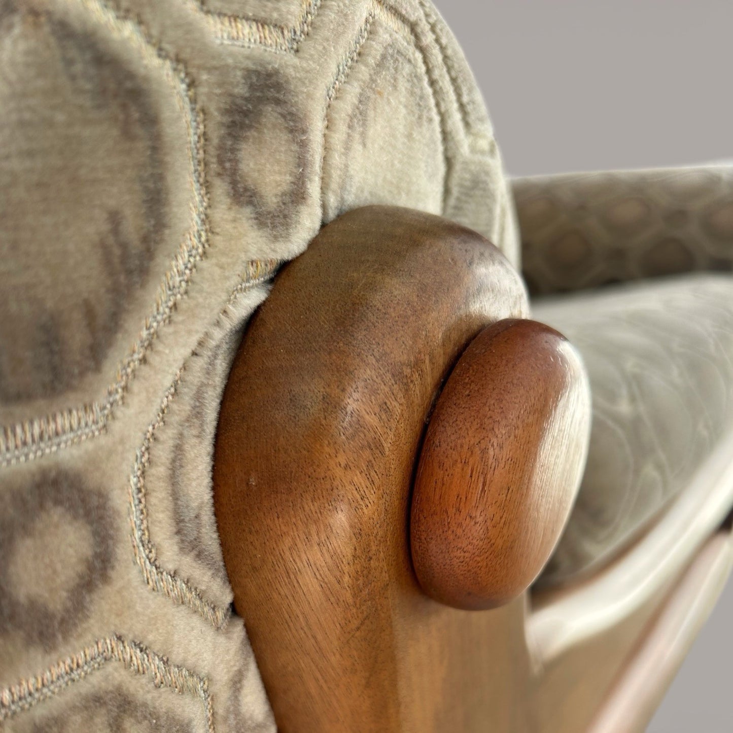 Mid-century teak armchair with velour upholstery | on castors