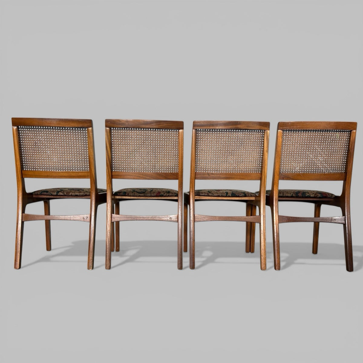 Set of 4 mid century teak dining chairs with cane backs, British vintage
