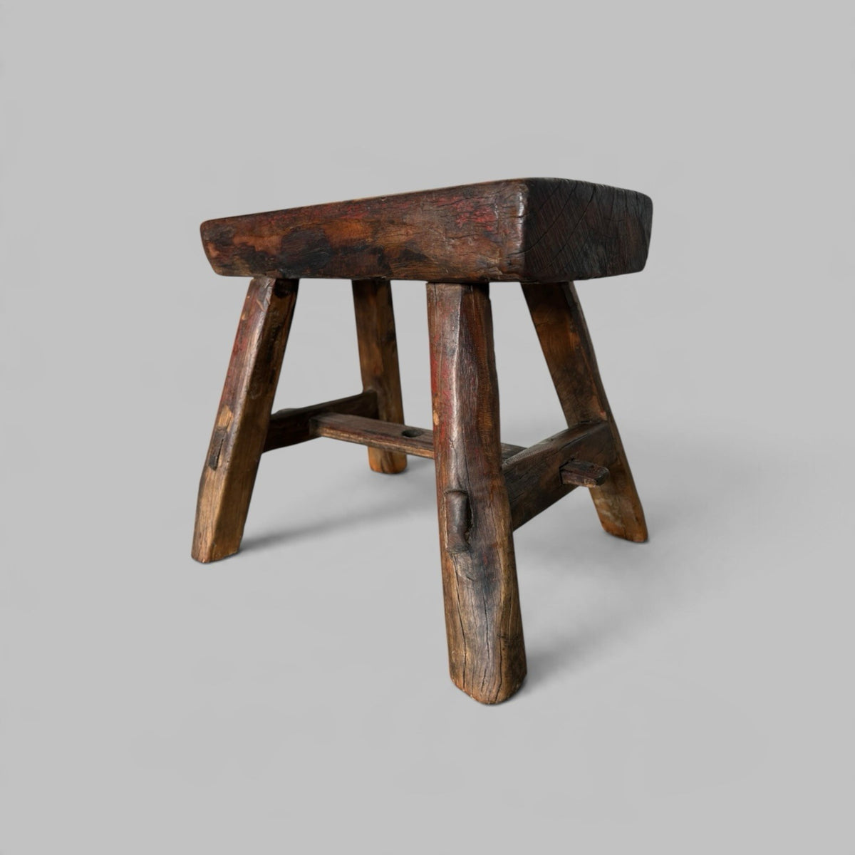 Rustic Elm Stool with Red Paint Patina