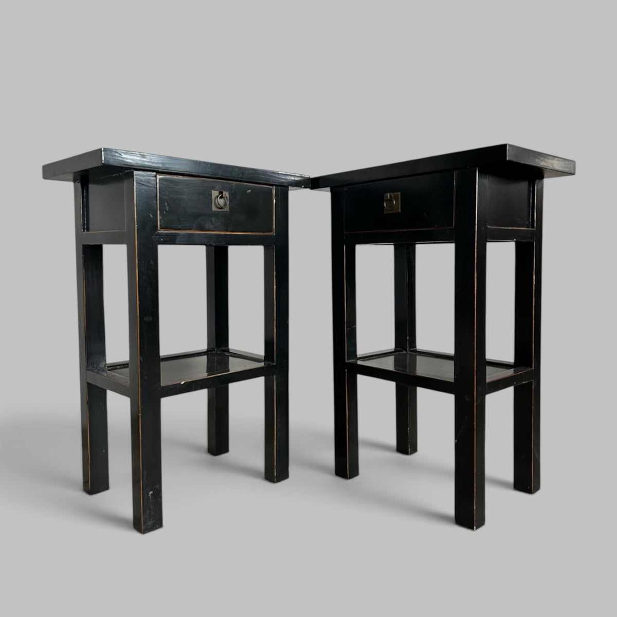 Pair of Black Lacquered Wood Bedside Tables with Drawers