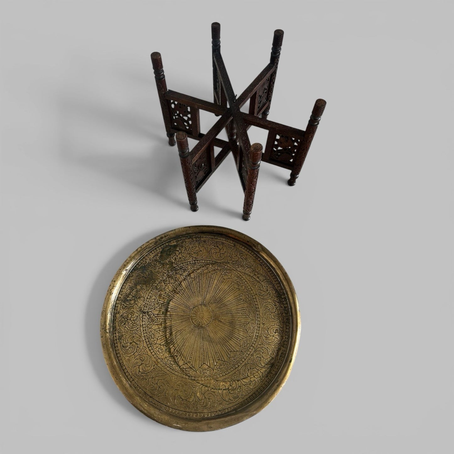 Carved Indian Folding Table with Brass Tray Top – Teak Base