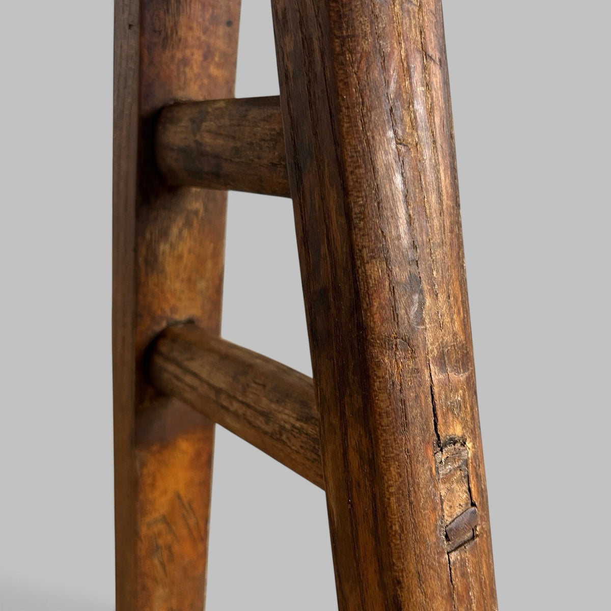 Rustic Elm Bench with A-Frame Legs and Worn Patina