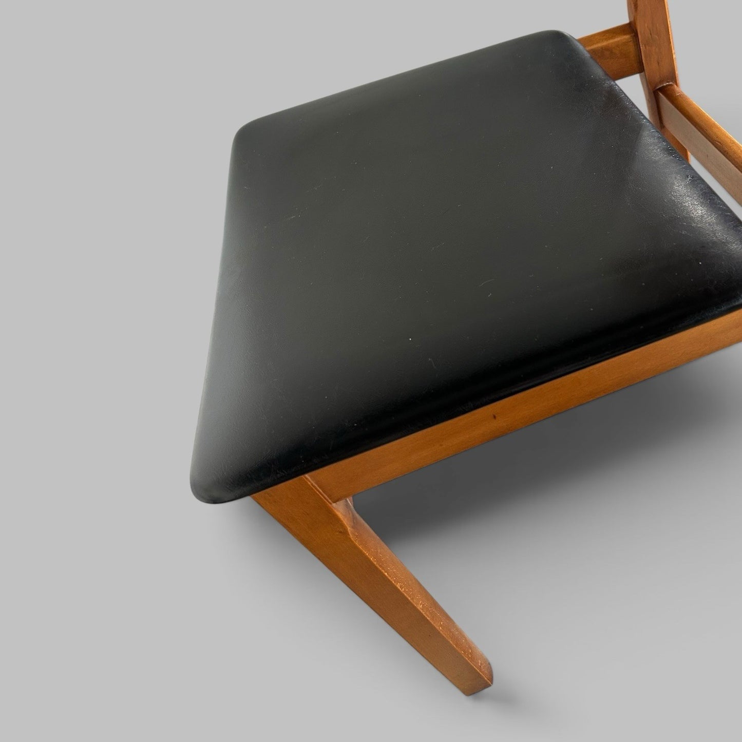 Vintage Teak Dining Chairs with Black Vinyl Seats – Set of Four