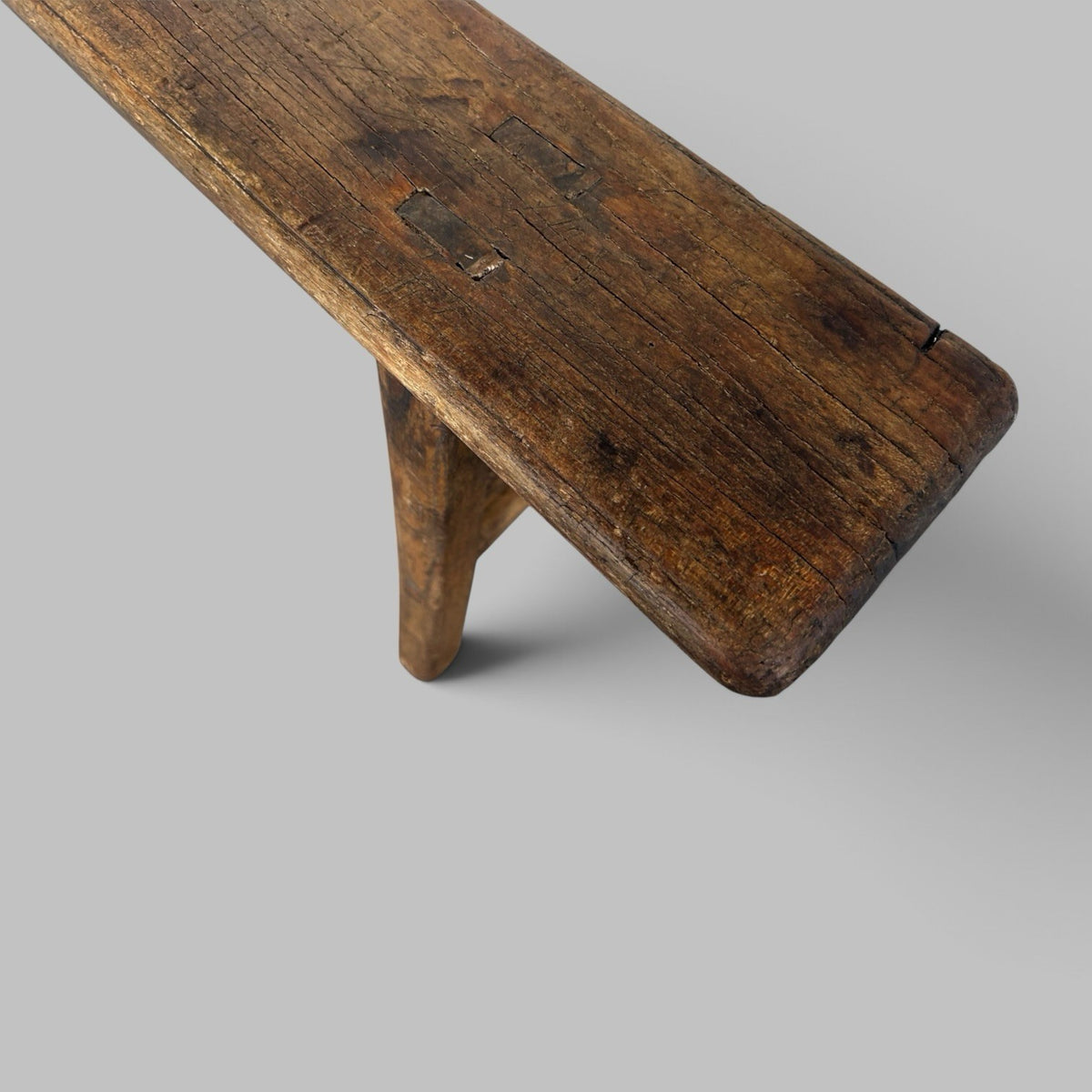 Rustic Elm Bench with A-Frame Legs and Worn Patina