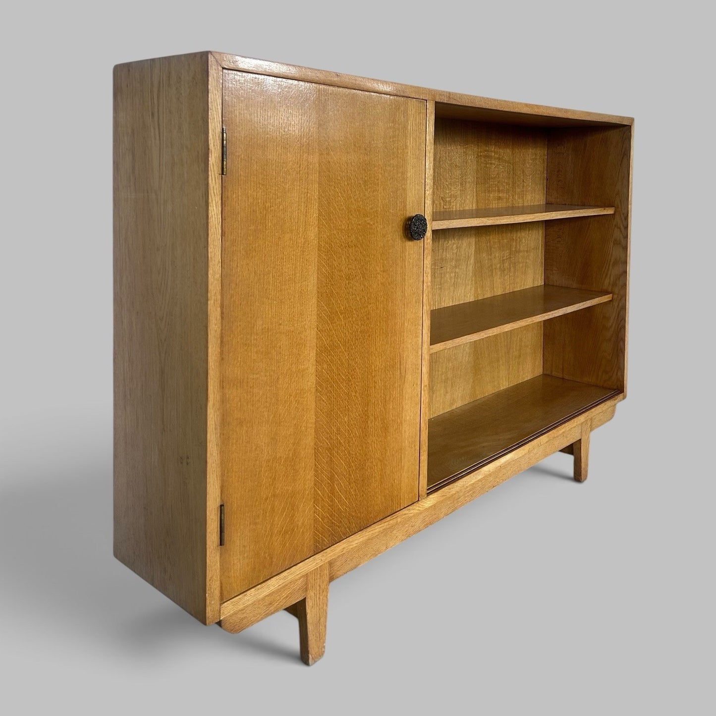 Mid Century Solid Oak Glazed Bookcase with Cupboard