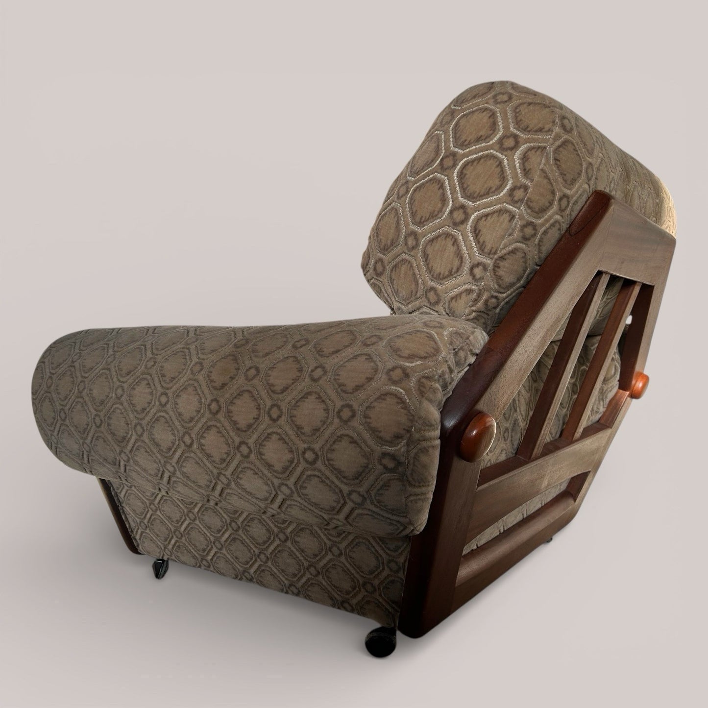 Mid-century teak armchair with velour upholstery | on castors