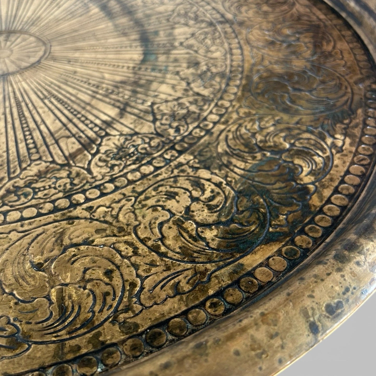 Carved Indian Folding Table with Brass Tray Top – Teak Base