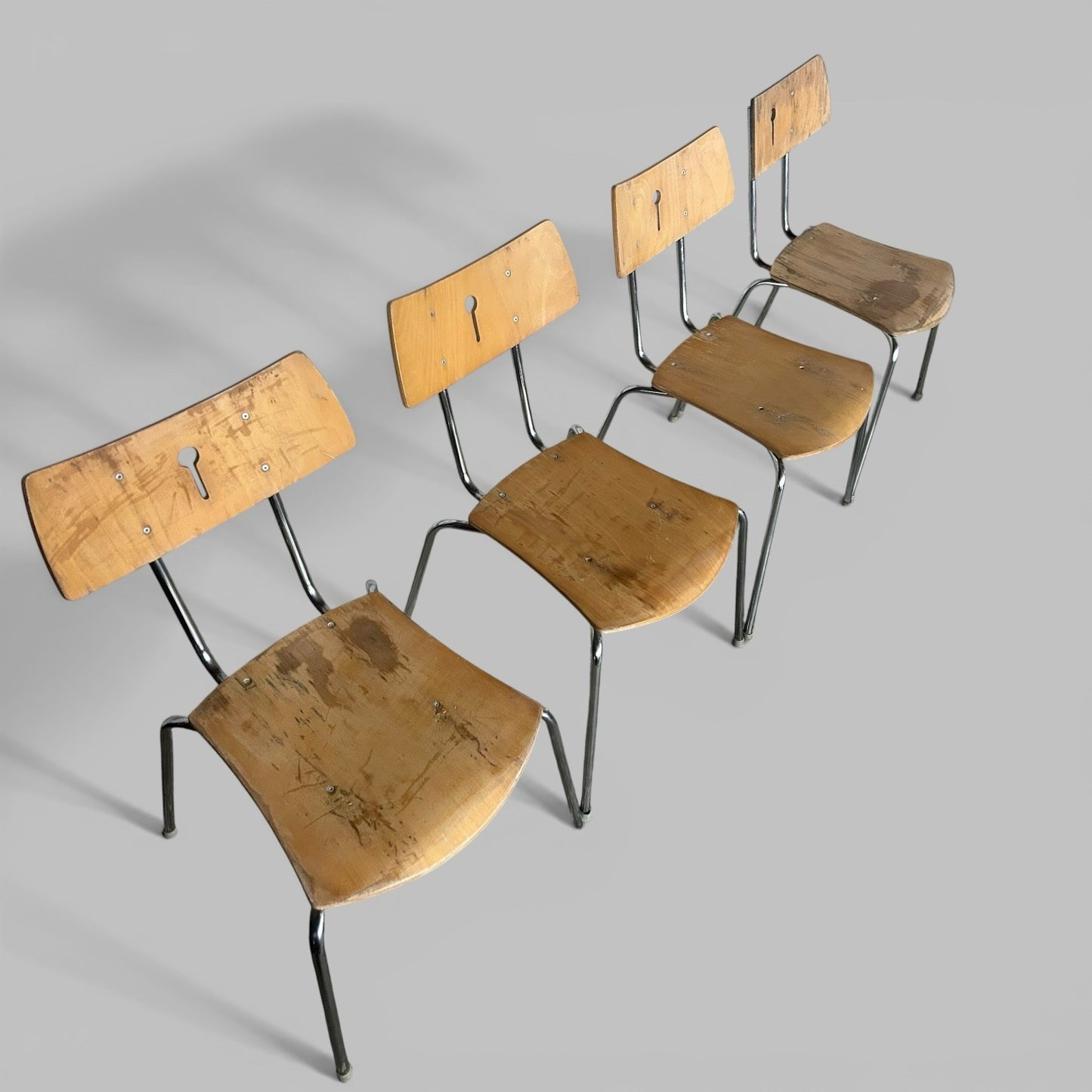 Set of 4 Vintage Stacking Chairs – Bentwood Plywood and Chrome Frames