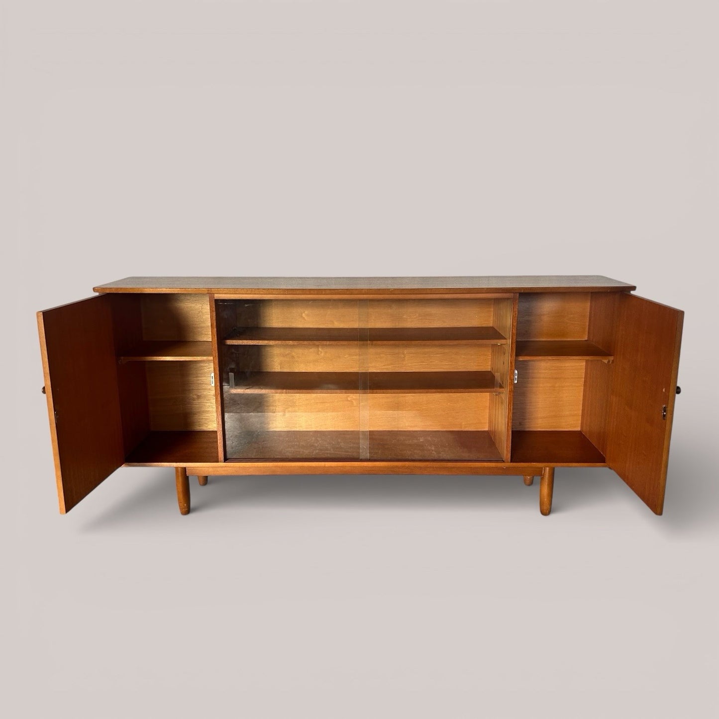 Mid Century Teak Sideboard with Sliding Glass Doors – Display Cabinet