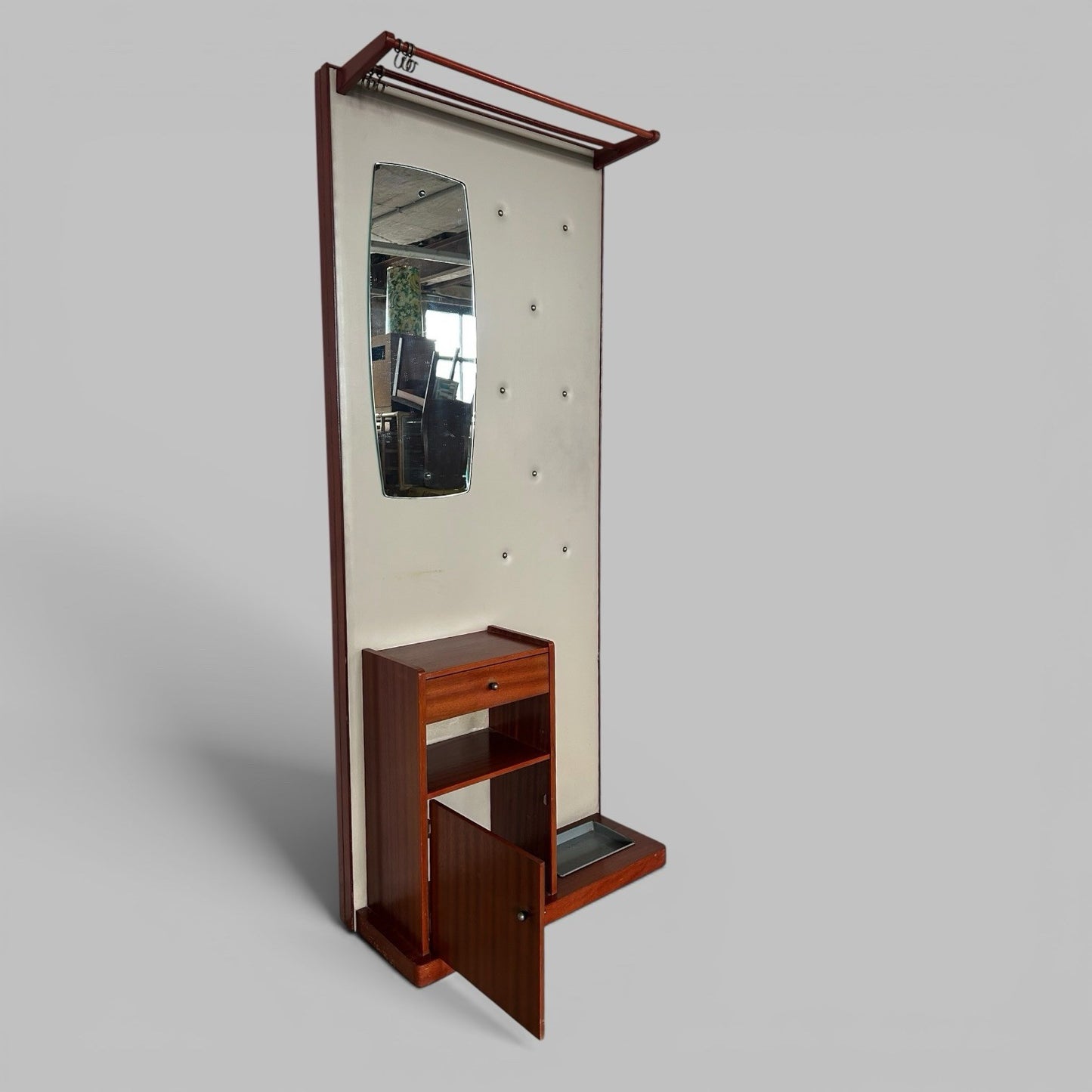1960s Teak Hall Stand – Mirror Back with Drawer, Cupboard and Umbrella Tray