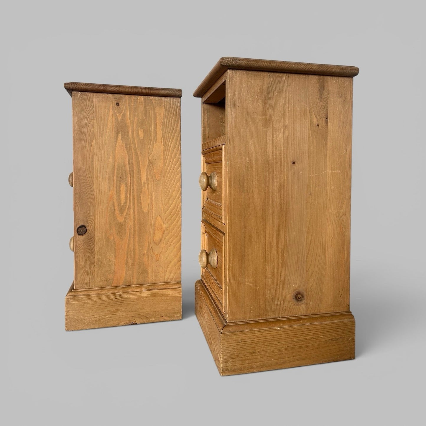 Vintage Pair of Pine Bedside Cabinets – Two Drawers & Open Shelf