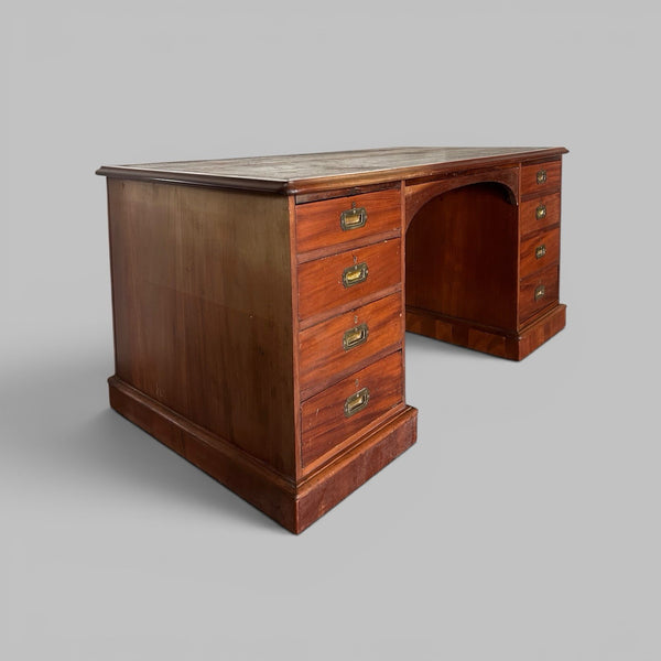 Large Solid Teak Pedestal Desk with Leather Top