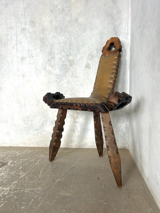 Retro Vintage Spanish Brutalist Wood Carved Birthing Chair - Tripod Seat