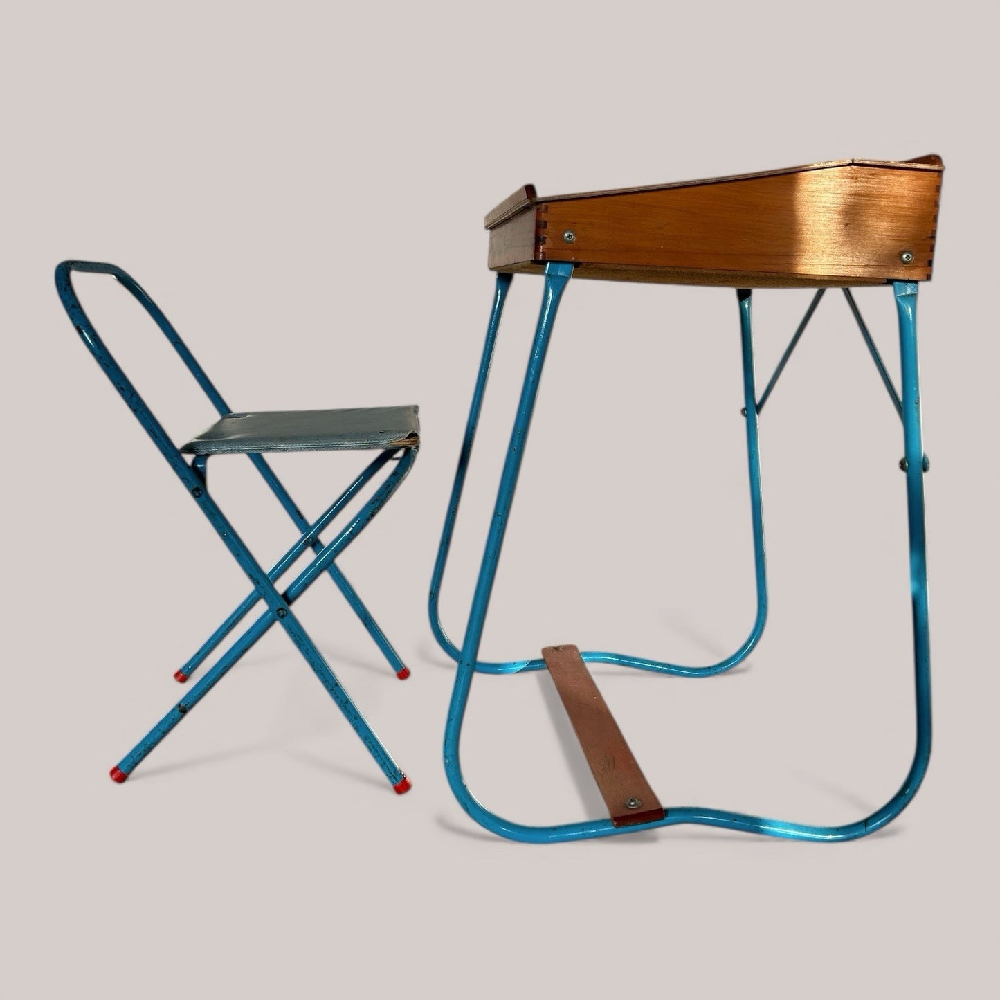 1960s Blue Metal & Pine Children’s School Desk Set