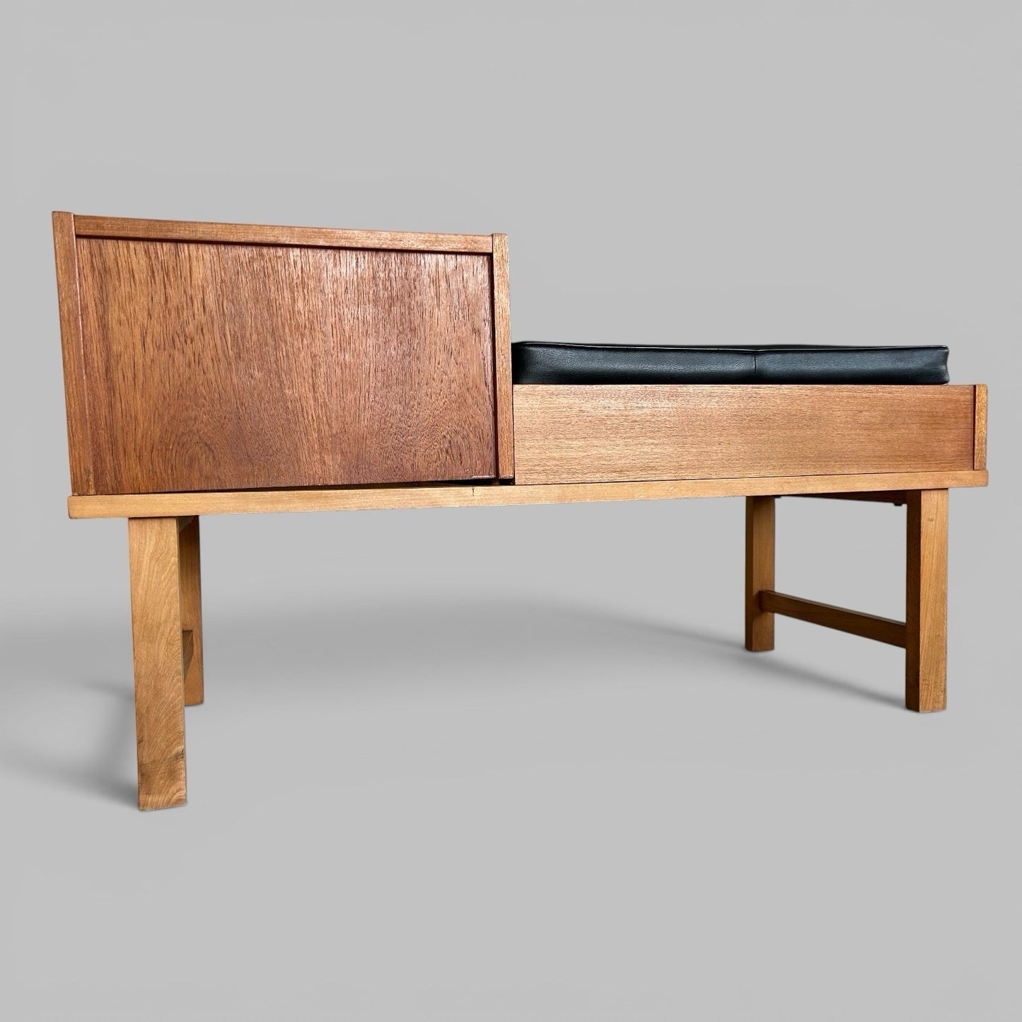 Mid Century Reversible Teak Hall Bench with Side Table & Drawer