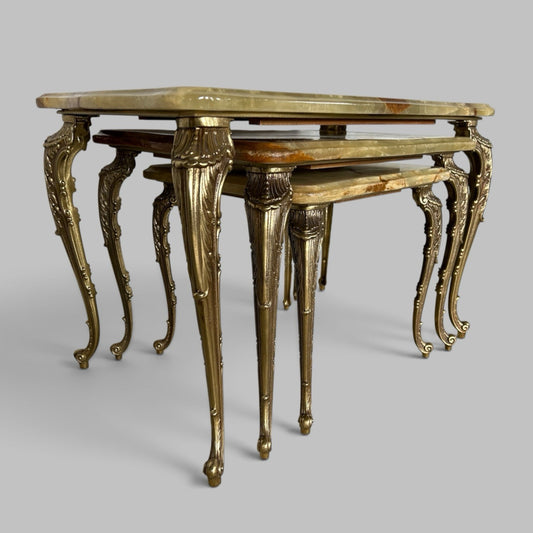 French Onyx & Brass Nest of Three Tables