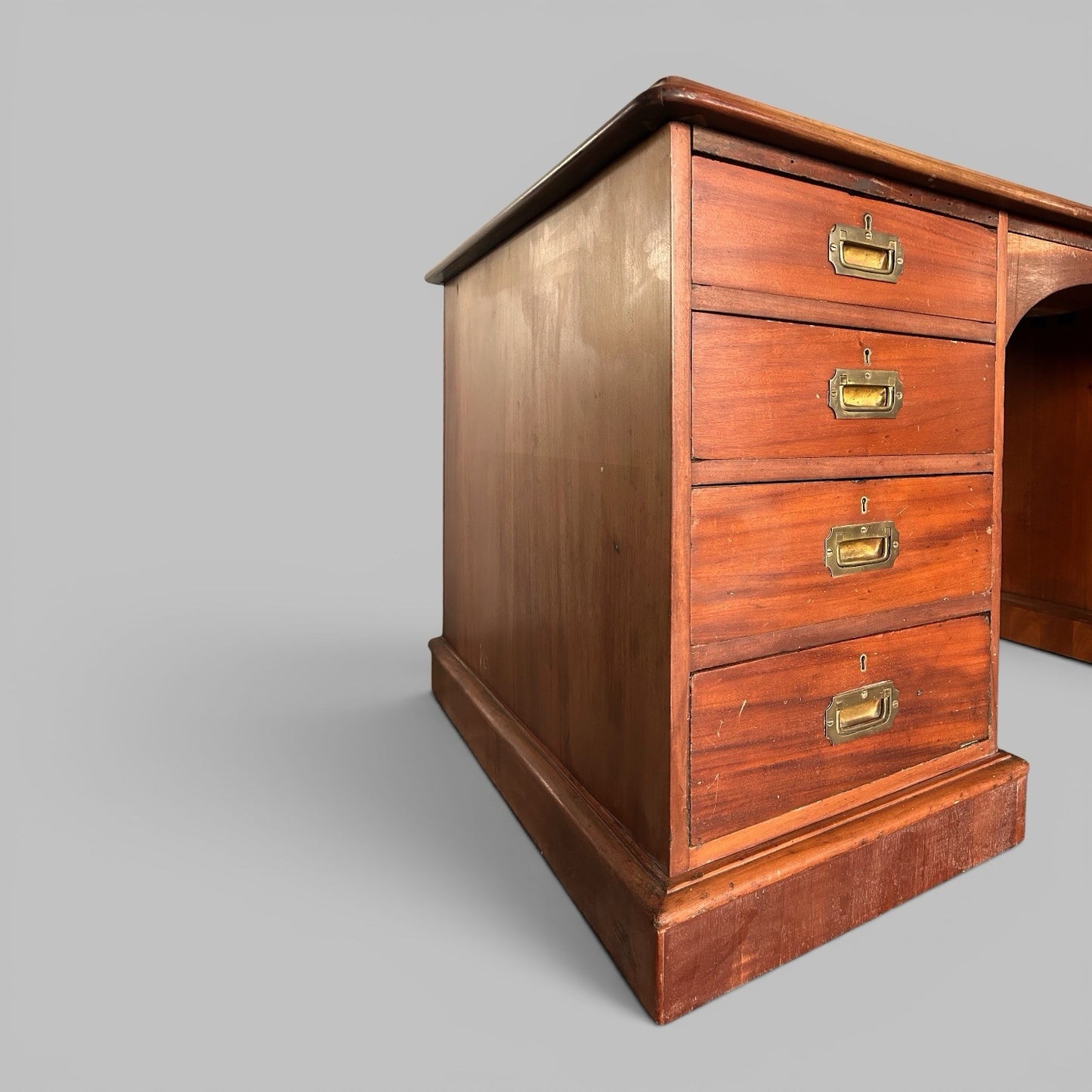 Large Solid Teak Pedestal Desk with Leather Top