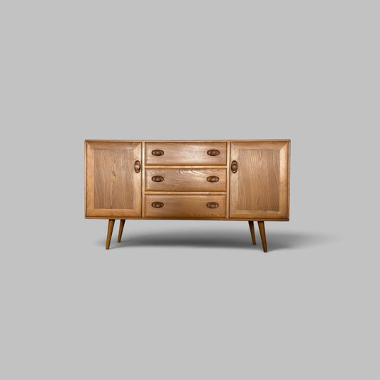 Vintage Ercol Solid Elm Windsor Sideboard on tapered legs.