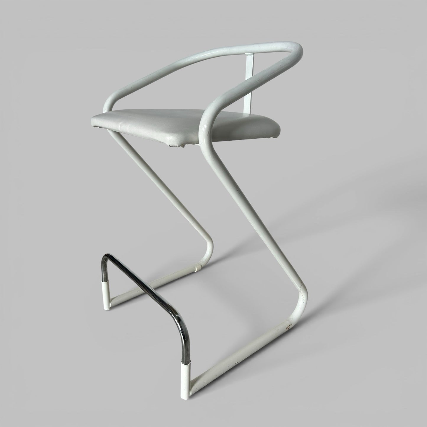 Postmodern Cantilever Stool – White Metal Bar or Breakfast Stool